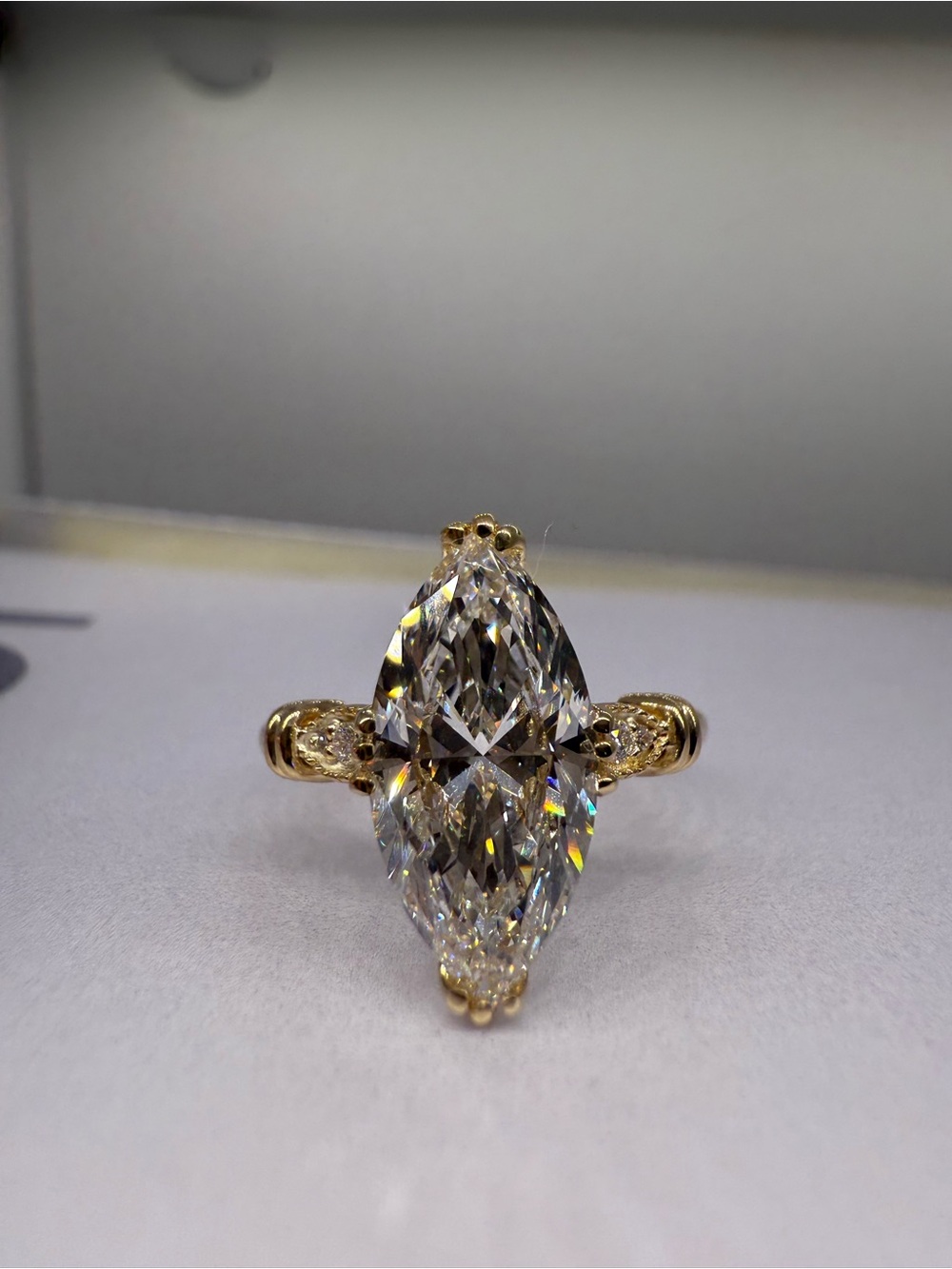 3.05 carat F VVS2 marquise lab diamond vintage compass prong engagement ring